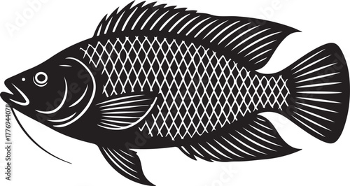 Black tilapia fish silhouette with white scale pattern and fins black and white vector
