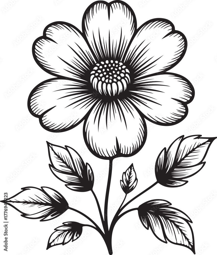 Obraz premium Detailed black and white botanical flower with leaves vector illustration