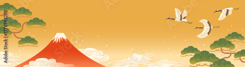 富士山と鶴の背景　和風お正月素材