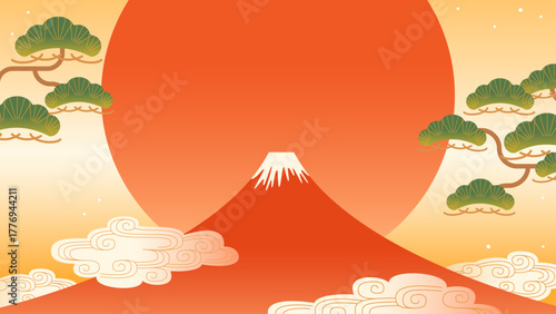 富士山の和風背景　お正月素材