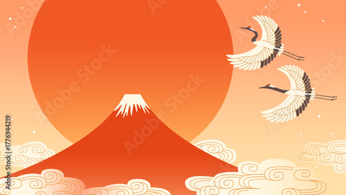 富士山と鶴の背景　和風お正月素材