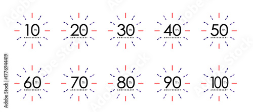 記念日アニバーサリーロゴセット｜10周年から100周年までの数字デザイン｜花火のように広がるシンプルで華やかな記念マーク素材