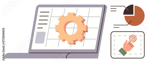 Laptop screen displaying a gear over a grid, pie chart analysis, and hand interaction. Ideal for teamwork, optimization, strategy, automation, analytics innovation and productivity. Simple flat