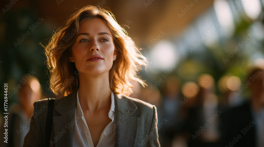 Fototapeta premium Confident Commute: A poised woman, radiating competence and self-assurance, navigates a bustling thoroughfare, her focused gaze conveying a sense of purpose and direction. 