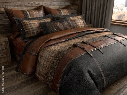 Rustic bedroom with a luxurious bed featuring leather and plaid bedding, wooden headboard, and soft natural light through the window.