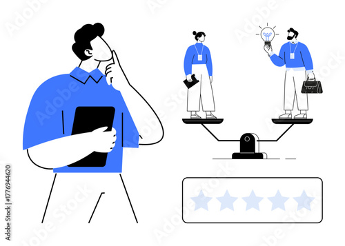 Man thinking, scale with two professionals comparing ideas and skills, five-star rating below. Ideal for decision-making, competition, evaluation, career growth, team management, balance business