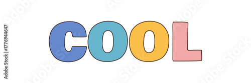 Groovy cool retro sticker typography in cartoon graphic style with colorful pop and blue tone. Fun y2k groovy element for playful badge or label design, trendy youth visual, vintage pop sticker