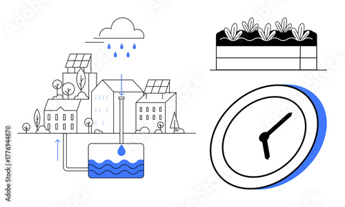 Rainwater collection system in eco-friendly urban housing, growing rooftop gardens, and a clock representing time savings. Ideal for sustainability, environmental planning, urban development