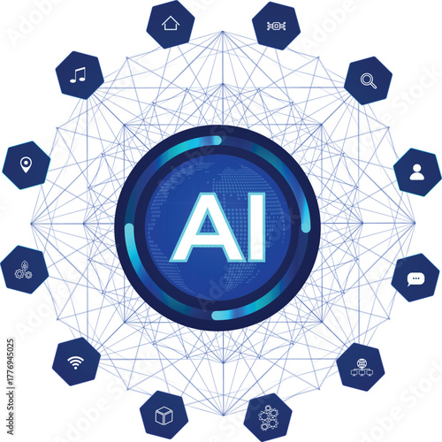 Transparent infographic template about dodecahedral technology, with 12 tech icons. Intertwined threads transmit data from an AI hub to a world map, creating a dynamic visual connection.