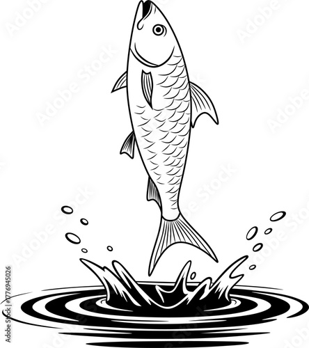 A dynamic illustration of a fish leaping out of the water, showcasing movement and energy. Perfect for fishing designs, logos, or aquatic-themed artwork.