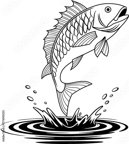 A dynamic illustration of a fish leaping out of the water, showcasing movement and energy. Perfect for fishing designs, logos, or aquatic-themed artwork.