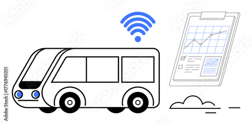 Bus with wireless signal, performance chart on clipboard, and minimal design. Ideal for technology, connectivity, public transport, data, efficiency progress and innovation concepts. Simple flat