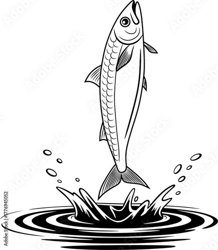 A dynamic illustration of a fish leaping out of the water, showcasing movement and energy. Perfect for fishing designs, logos, or aquatic-themed artwork.