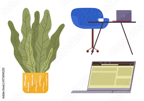 Minimalist workspace featuring a laptop, blue chair, modern desk, open browser, and decorative plant. Ideal for work-from-home setup, productivity, minimalism, organization interior decor