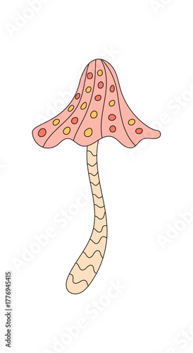 Groovy retro pink cartoon mushroom with magic colors and psychedelic trippy vibe. Shroom and groovy element combine as a colorful y2k motif, ideal for fun fantasy style projects pop art themes.