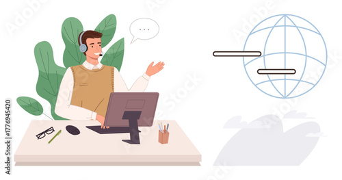 Man wearing a headset at desk with computer, talking. Speech bubble adds context. Globe icon connects themes of communication, technology, and global networking. Ideal for remote work, education