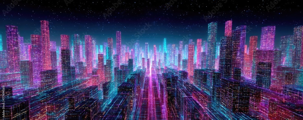 Obraz premium Futuristic skyscraper wireframe with digital complexity concept. Futuristic cityscape with vibrant neon lights and skyscrapers.