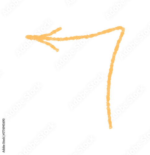 Orange pastel hand drawn swirl arrow with chalk stroke as pointer symbol. Icon element with decorative turn shape, rustic and textured accent in simple art style, perfect for modern design.