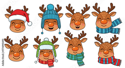 Collection of eight cheerful cartoon reindeer faces, each adorned with a unique festive winter hat or a cozy striped scarf, ideal for holiday season greetings and children's creative projects