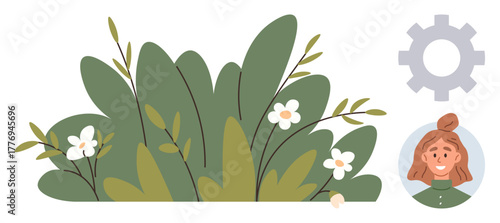Green leaves and white flowers represent growth, combined with a human avatar and gear for collaboration, nature, technology mix. Ideal for ecology, teamwork, sustainability, digital integration