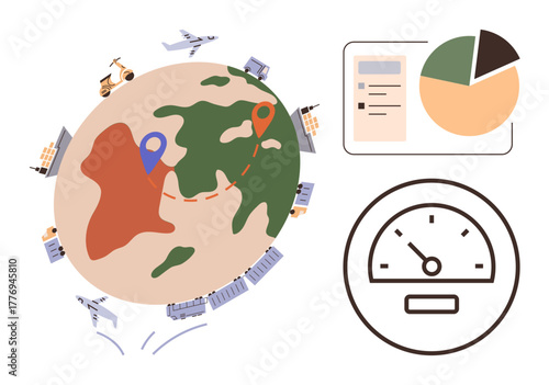Earth surrounded by transport vehicles and tracking lines, pie chart, and speedometer. Ideal for logistics, analytics, transportation, business efficiency, global trade, data visualization KPI