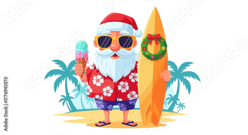 Santa Claus on a summer beach vacation, holding ice cream and leaning on a surfboard with a Christmas wreath, a cheerful fusion of winter holidays and tropical relaxation
