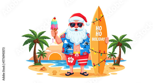 Cheerful Santa Claus enjoying a tropical Christmas in summer holiday, standing on a sandy beach with a surfboard and ice cream