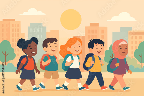 A cheerful group of diverse children walking to school with backpacks, flat vector style, morning light, urban background