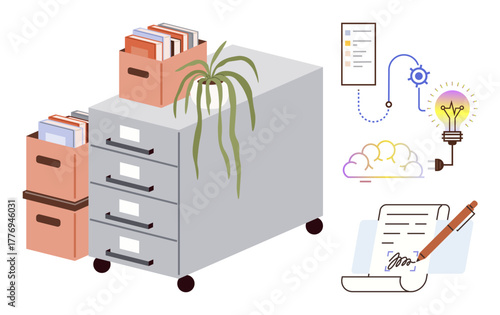 Filing cabinets, stacked folders, potted plant, signed document, collaboration flowchart, lightbulb icon, teamwork brainstorming. Ideal for organization, productivity workflow office management