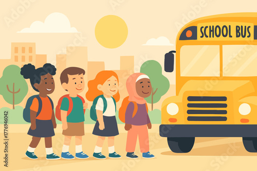 Group of kids waiting for school bus, wearing colorful backpacks, early morning, flat vector