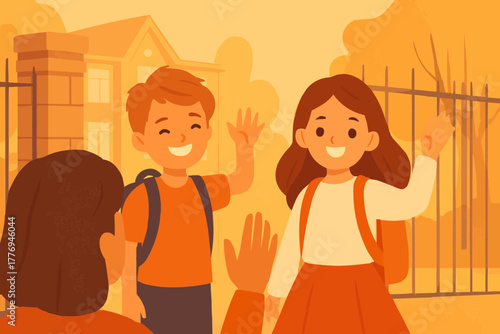 Smiling boy and girl waving goodbye to parents at school gate, flat vector illustration, warm colors