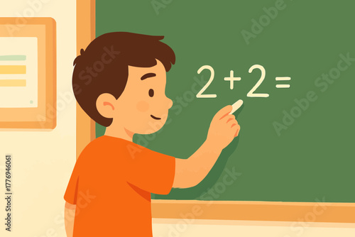 Boy writing on chalkboard in classroom, focused expression, flat vector style