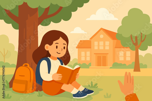 Young girl reading a book under a tree with school bag beside her, peaceful outdoor scene, flat vector