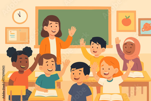 Classroom scene with teacher and students raising hands, diverse children, flat vector, educational setting