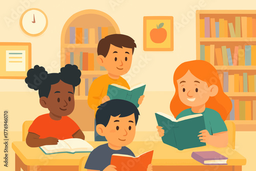 Diverse group of children in school library reading books, cozy atmosphere, flat vector