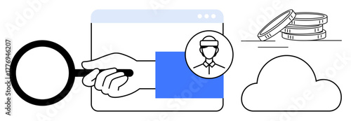Hand using magnifying glass to analyze user profile on browser window, stack of coins and cloud nearby. Ideal for analysis, search, data, identity, technology, finance digital security. Simple flat