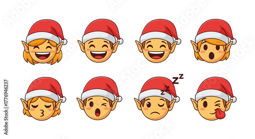 Cute Christmas Elf Emoticons Collection with Various Happy and Sleepy Expressions