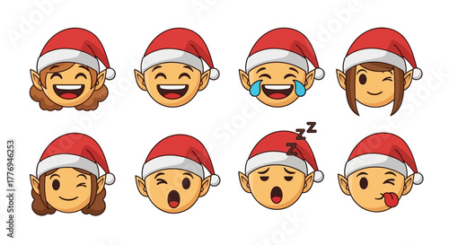 A festive collection of cartoon elf head emojis wearing Santa hats, displaying a variety of happy and playful expressions for Christmas