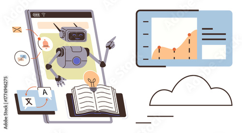 Robot studying from open book, analyzing charts, translating text, connected to cloud storage. Ideal for AI learning, education, automation, data analysis, tech innovation information management