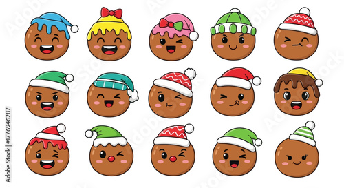 Cute gingerbread cookies with various facial expressions and festive Christmas hats, perfect for holiday designs and decorations