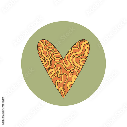 Funky groovy retro heart sticker with bold orange and yellow pattern. Psychedelic y2k patch as round lid for package. Pop style circle for vintage or trendy sealing label.