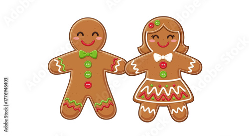 Cute Gingerbread Couple Smiling Holding Hands Against White Background, Christmas Concept