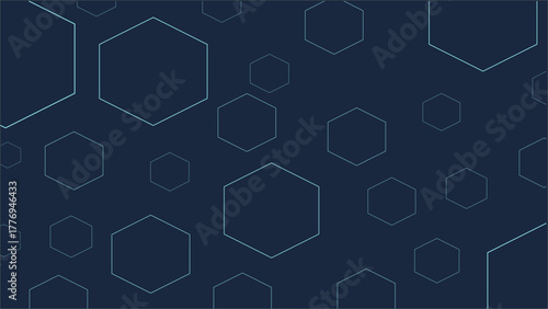 An abstract, non-seamless vector background featuring randomly sized and positioned hexagonal outlines scattered across a deep, dark navy blue field. The outlines are rendered in a vibrant, thin cyan 