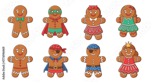Cute gingerbread cookies dressed as a pirate, princess, superhero, and more, perfect for holiday or festive occasions