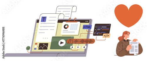 Open laptop showing multimedia content, text editor, code snippets, charts, and a music player. Designer working on a document beside a heart symbol. Ideal for creativity, content creation, digital