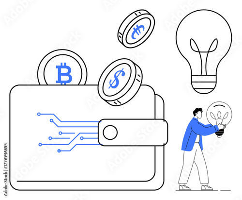 Digital wallet with circuit design, bitcoin and dollar coins, lightbulb symbolizing innovation, person holding glowing bulb. Ideal for cryptocurrency, fintech, energy efficiency, innovation