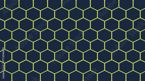 A striking, high-contrast seamless vector pattern featuring a hexagonal honeycomb grid. The design utilizes a vibrant neon lime green outline set against a deep, dark navy blue background, creating a 