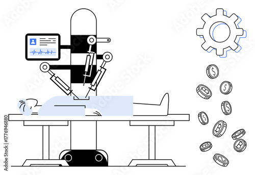 Robotic arms performing surgery on a patient in a clinical setup with a medical monitor, coins, and gear imagery. Ideal for innovation, technology, healthcare, finance, research, efficiency