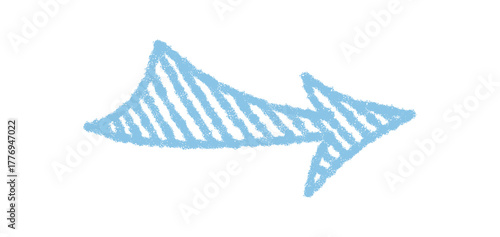 Hand drawn arrow in a wavy chalk style with pastel blue stroke creates a unique symbol and icon. This sketch element offers simple, handdrawn form for use as an artistic and creative element.