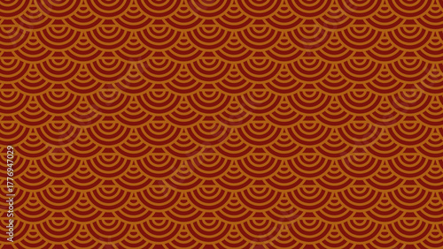 A rich, seamless vector pattern inspired by the traditional Japanese Seigaiha wave motif, featuring repeating concentric arcs in warm shades of deep terracotta and burnt orange. Perfect for Asian-them